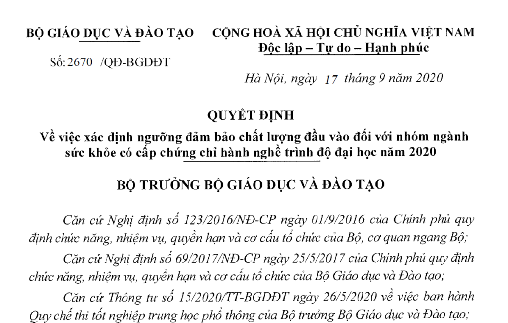 Ngưỡng đảm bảo chất lượng đầu vào đối với ngành Y đa khoa – trình độ VuaBoss hoat dong, năm 2020