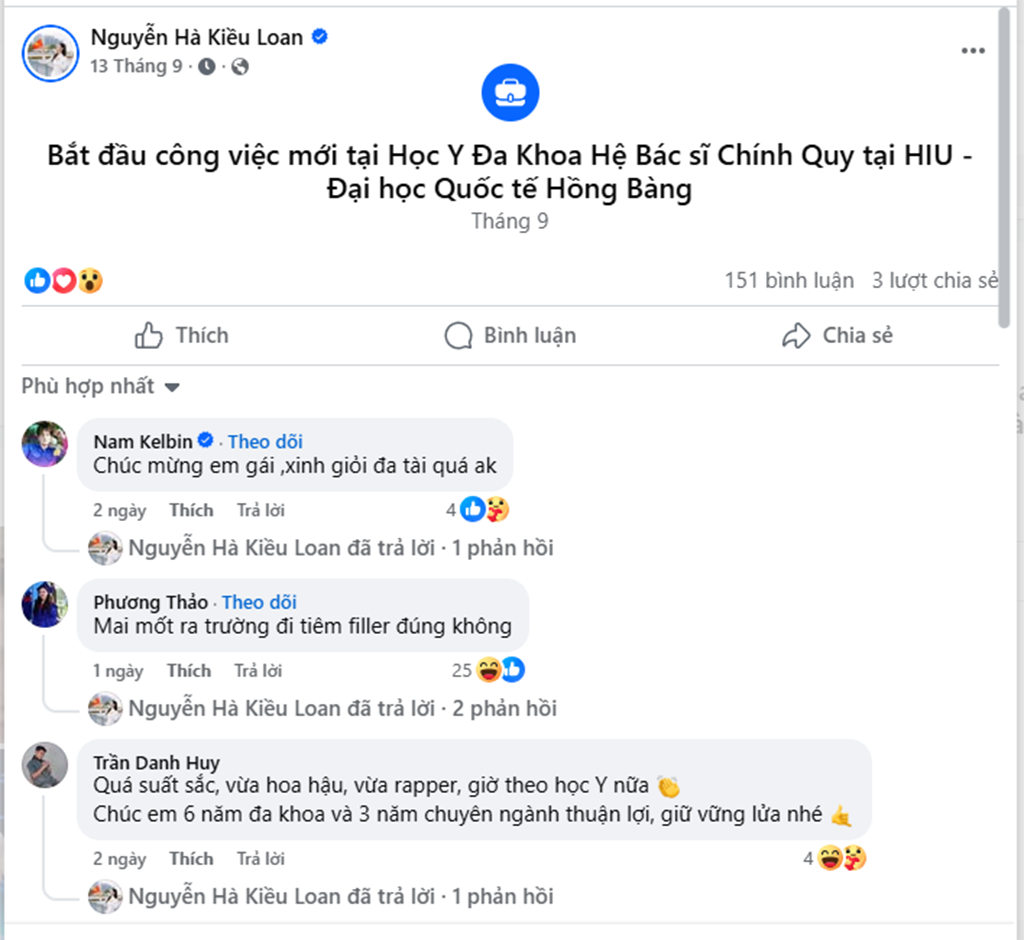 Cập nhật trạng thái mới nhất trên trang Facebook cá nhân  chính thức của Á hậu Kiều Loan